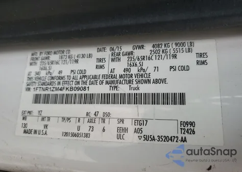 2015 Ford Transit T-250 из США, поврежденный, VIN 1FTNR1ZM4FKB09081